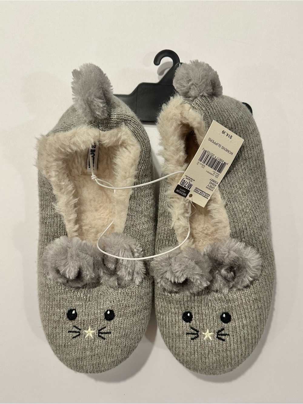 Joe Boxer Gray Plush Mouse Slippers size 7/8 Cozy Slippers NWT
